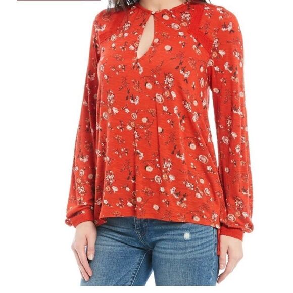 LUCKY BRAND Keyhole Red Floral BOHO Peasant Blouse - Picture 1 of 10